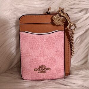 Coach Zip Card Case Wallet in Pink Signature Canvas with Charm & Gold Chain
